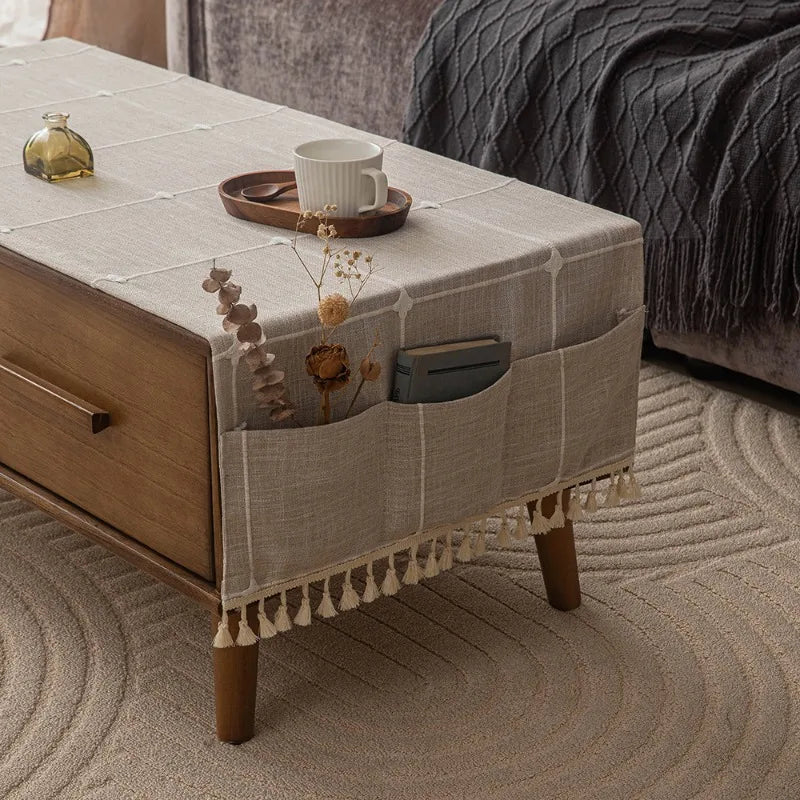 couverture table moderne polyester beige clair franges poches imperméable réutilisable machine laver