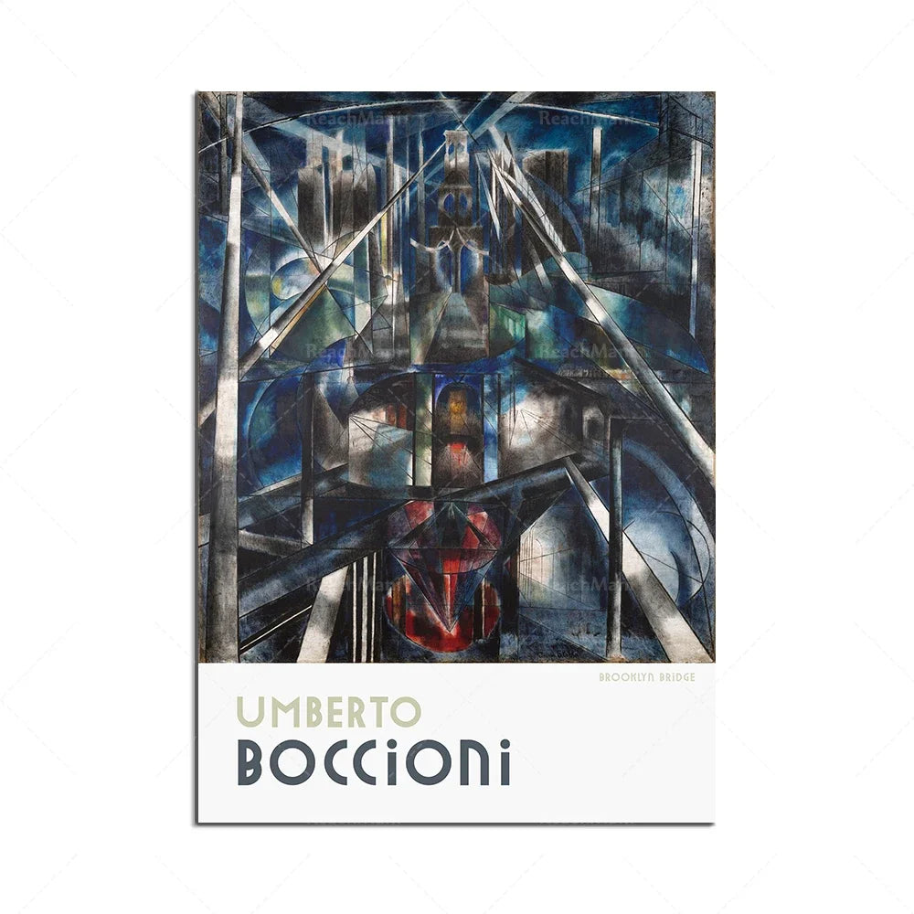 L'image est une œuvre abstraite complexe et dynamique, avec de nombreuses lignes, formes et couleurs qui créent une atmosphère sombre et mystérieuse représentant le célèbre pont de Brooklyn.
