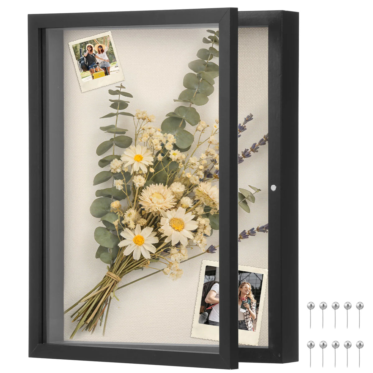 cadre photo bois moderne noir fleurs séchées verre transparentintérieur texturé pinces métalliques 10 punaises