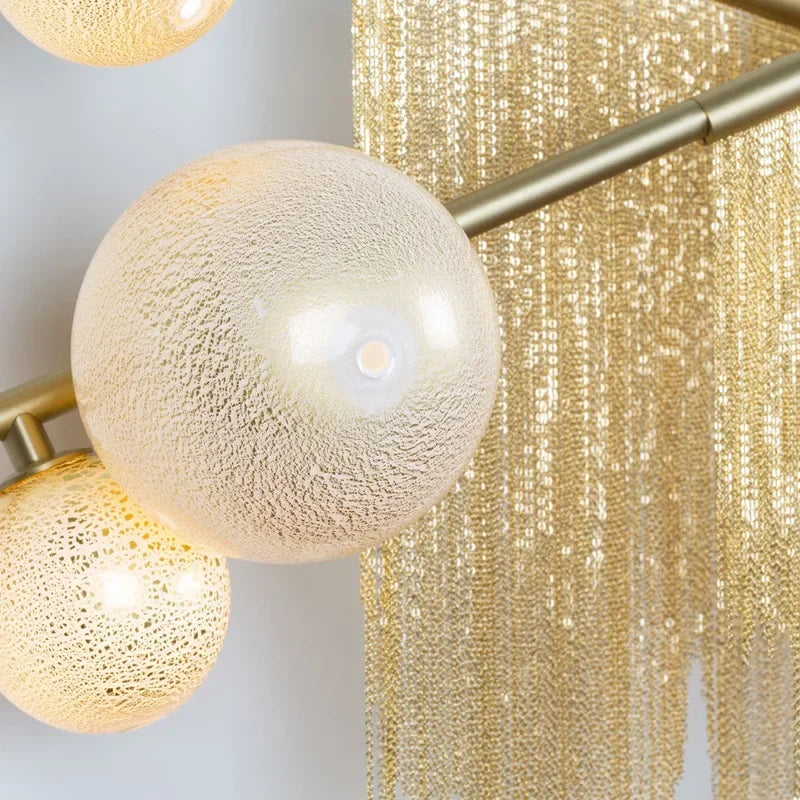 suspension lumineuse moderne dorées franges opalescentes élégante led lumières 180cm doré blanc
