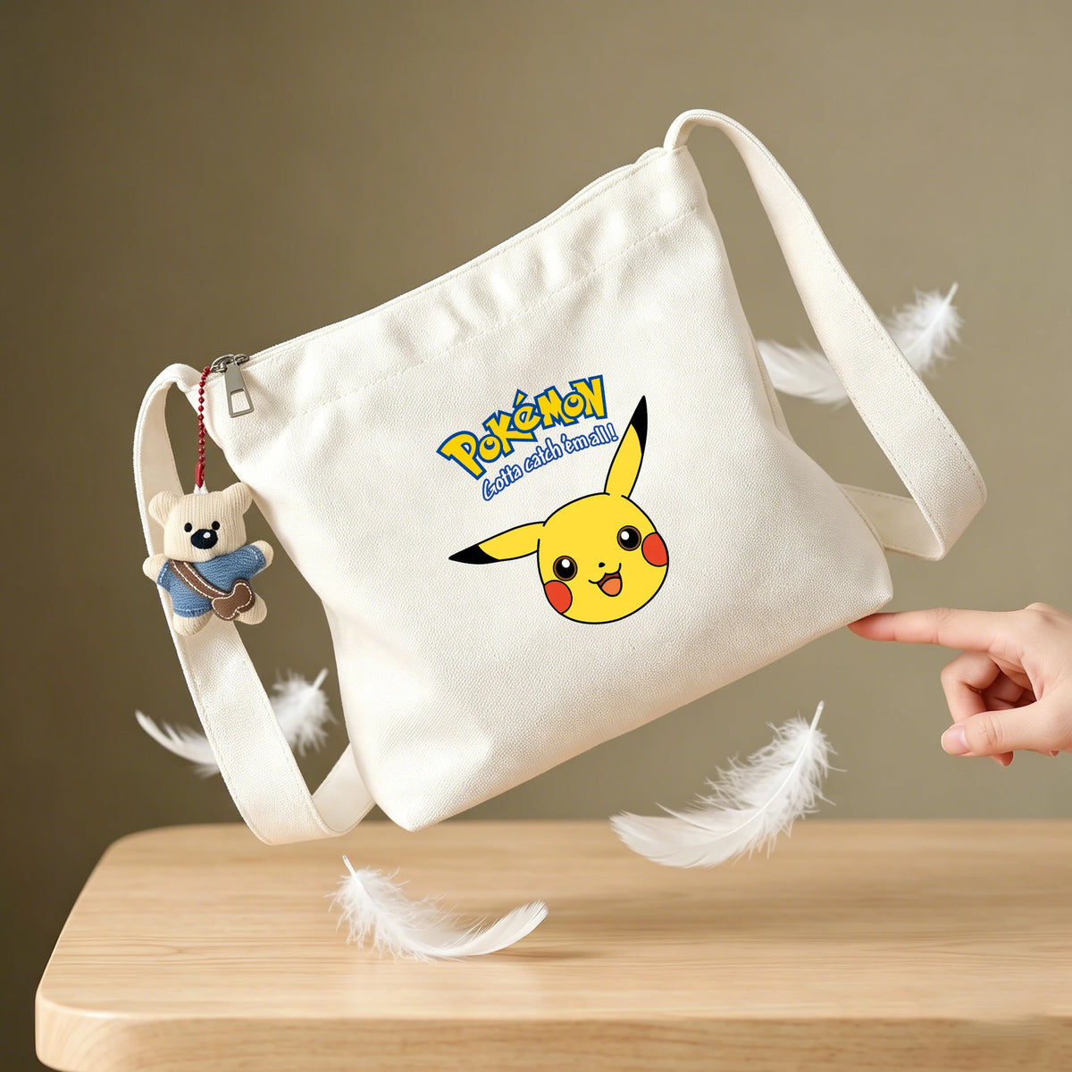 sac bandoulière toile blanc pikachu anime ours peluche grande capacité sac main