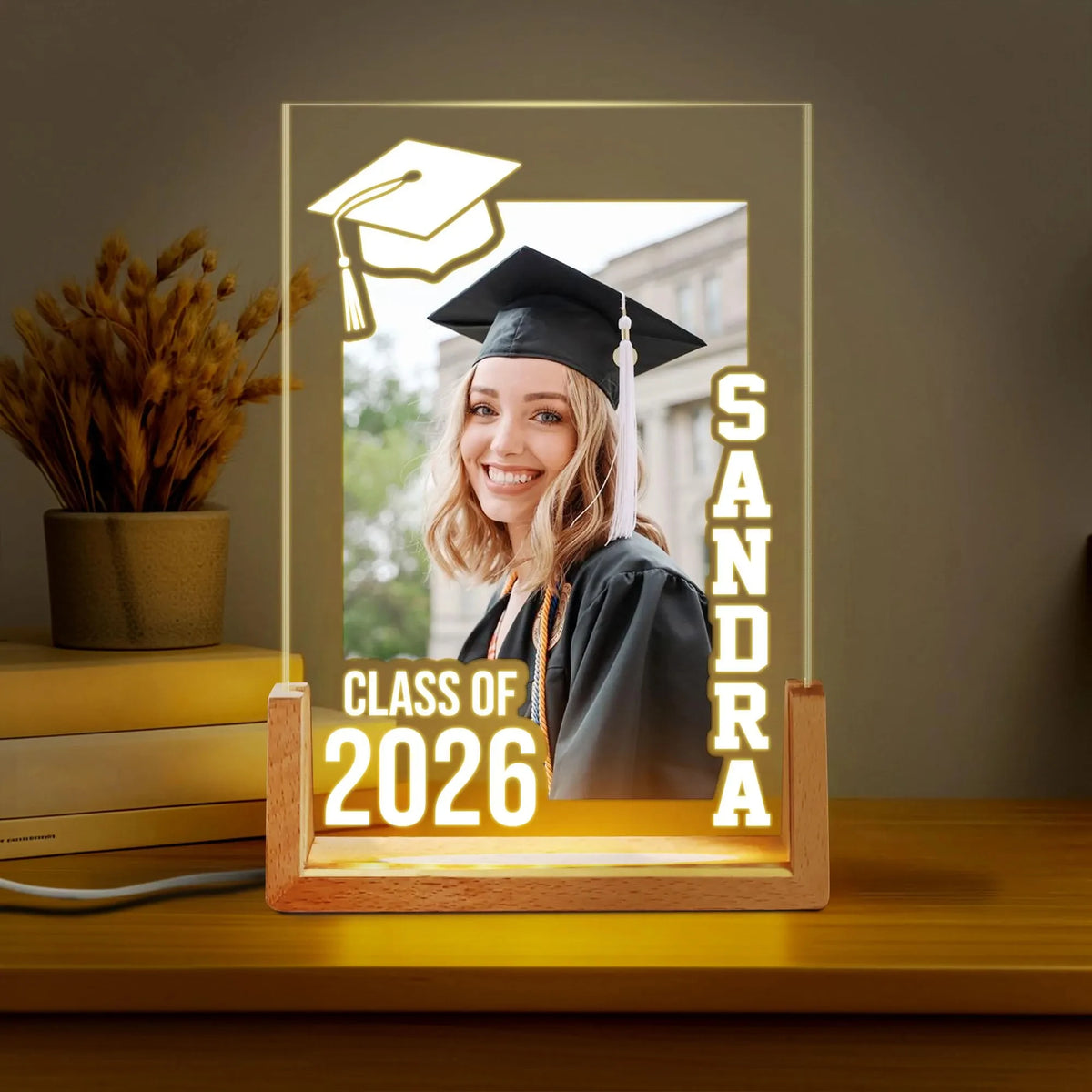 lampe photo personnalisée graduation bois naturel moderne nom class of 2026
