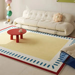 tapis moderne rectangle polypropylène polyester bleu clair rouge blanc beige rayures horizontales bordure géométrique
