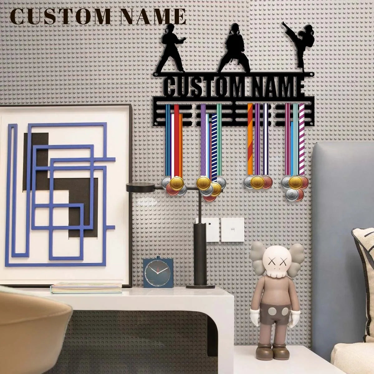Support mural médailles silhouettes combattants texte personnalisable vis fixations modernes or argent bronze