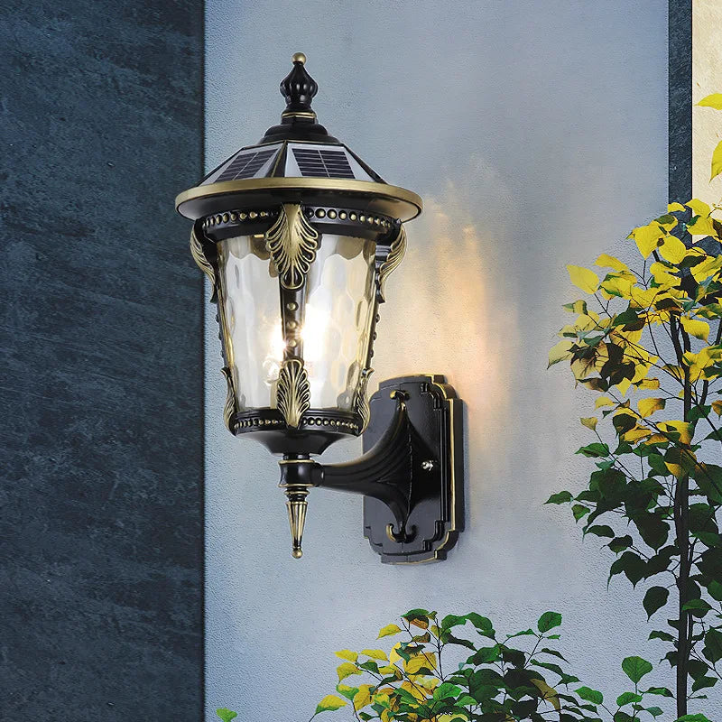 lampe solaire murale classique ornements dorés verre translucide noir ip55 led industrielle