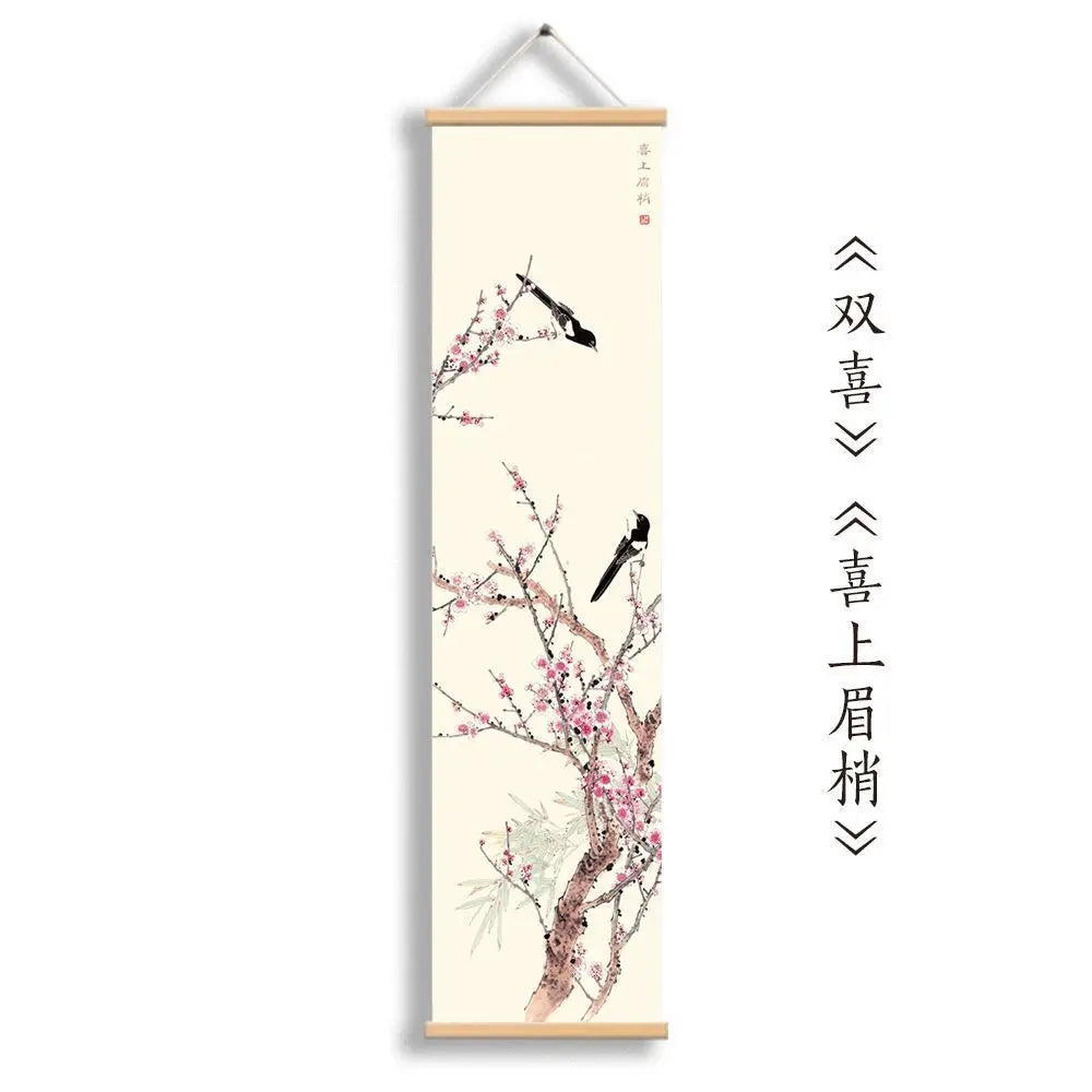 tableau suspendu traditionnel floral oiseaux fleurs fruits branches beige bleu rouge noir violet rose