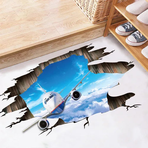 sticker mural 3d avion ciel nuages texture bois blanc bleu gris brun réaliste adhésif