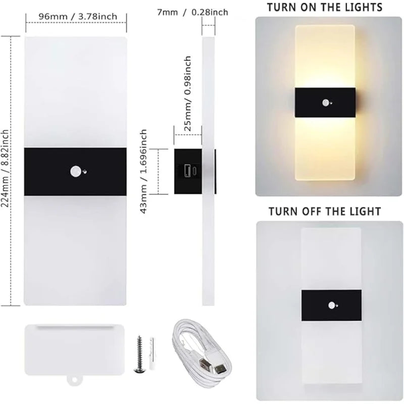 lampe murale moderne rechargeable led détecteur mouvement blanc noir aluminium usb