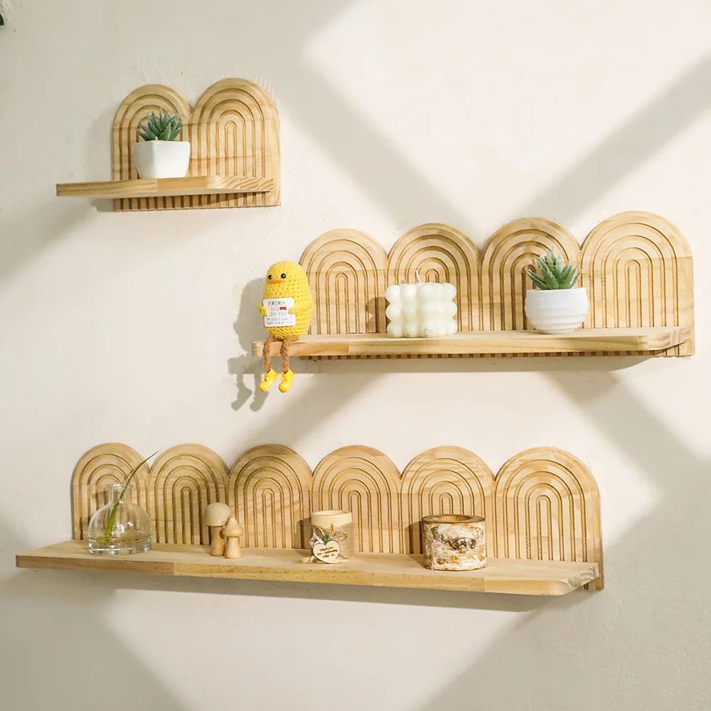 étagère murale bois naturel arc cercle bohème minimaliste scandinave chambre salon decoration
