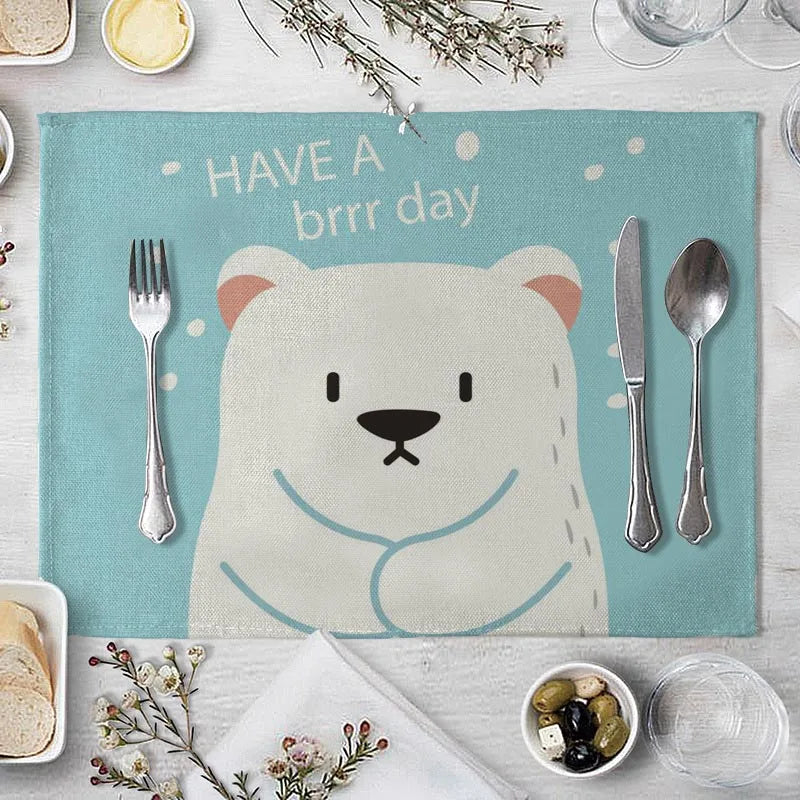 tapis table illustration enfantine dessins animés fourchette couteau cuillère serviette fruits pain bleu marine