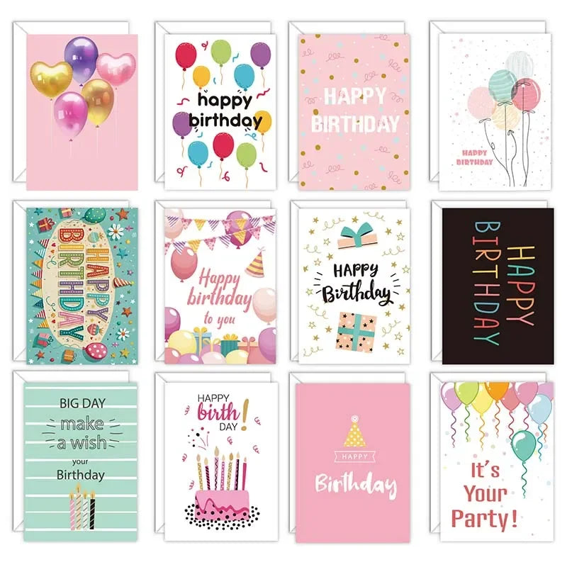cartes postales anniversaire multicolores gâteaux ballons confettis enveloppes festives bricolage invitations