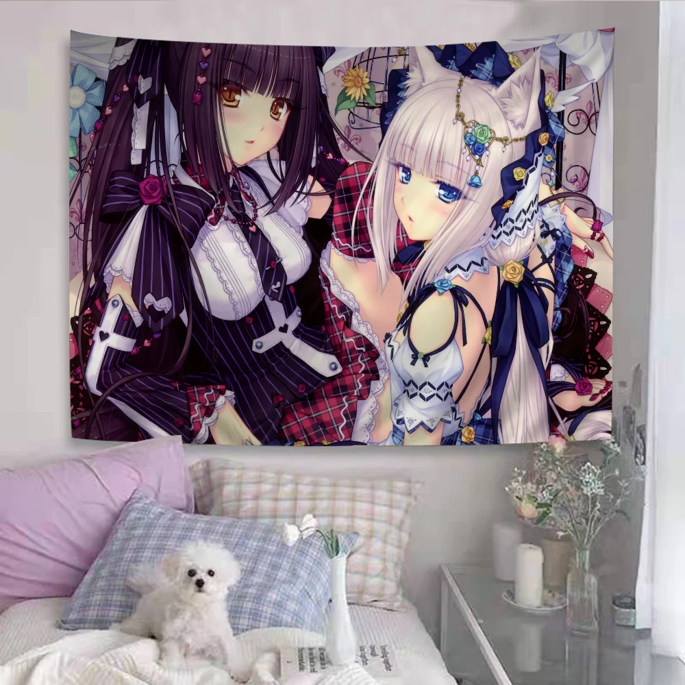 tapisserie graphique anime personnages dessins animés rose vert blanc illustration animaux mignons moderne