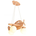 lampe suspendue bois naturel blanc texture moderne sphères translucides fixations chaines ailes gouvernail propulseur