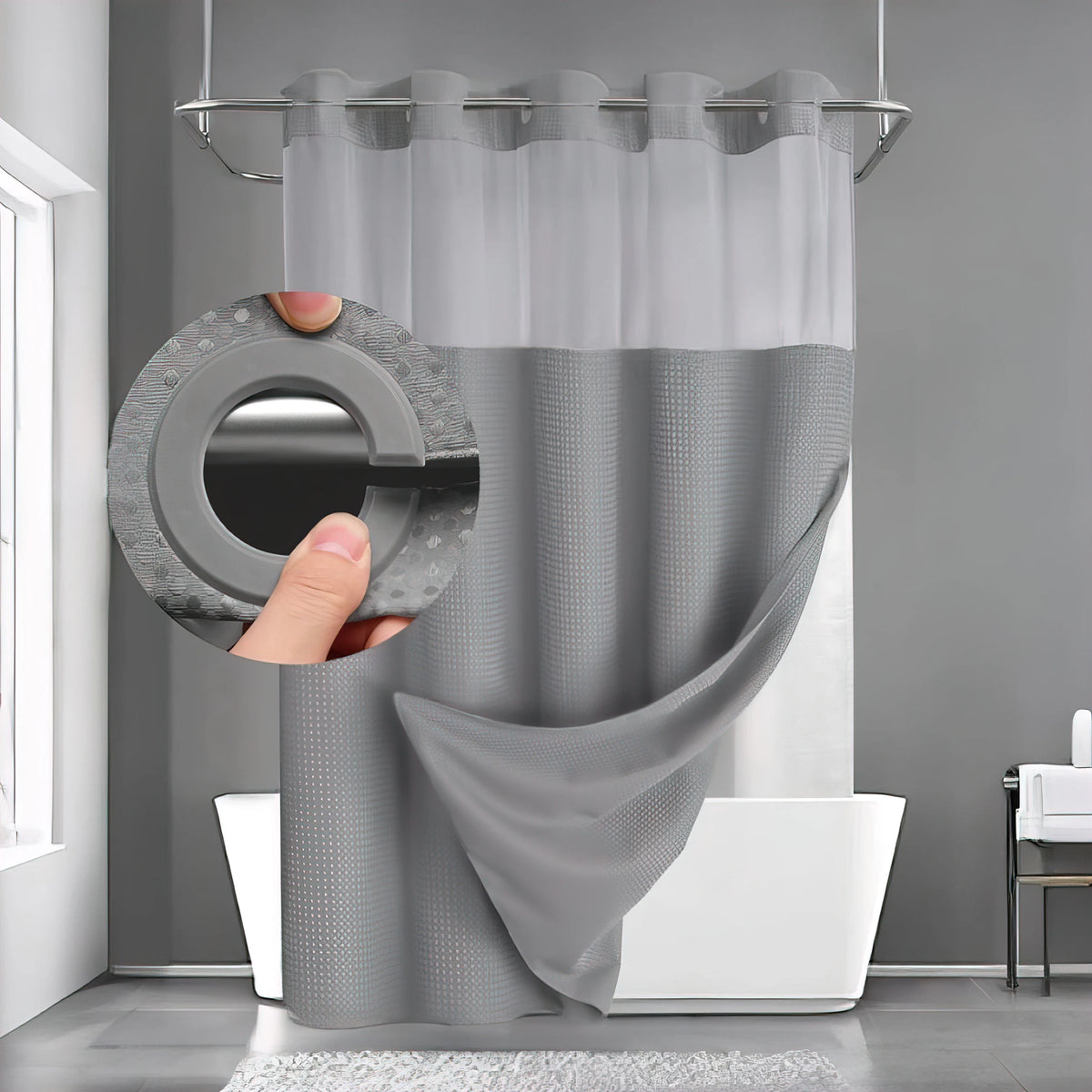 rideau douche moderne noir gris clair texture relief aimants lestés liner intégré tissu opaque