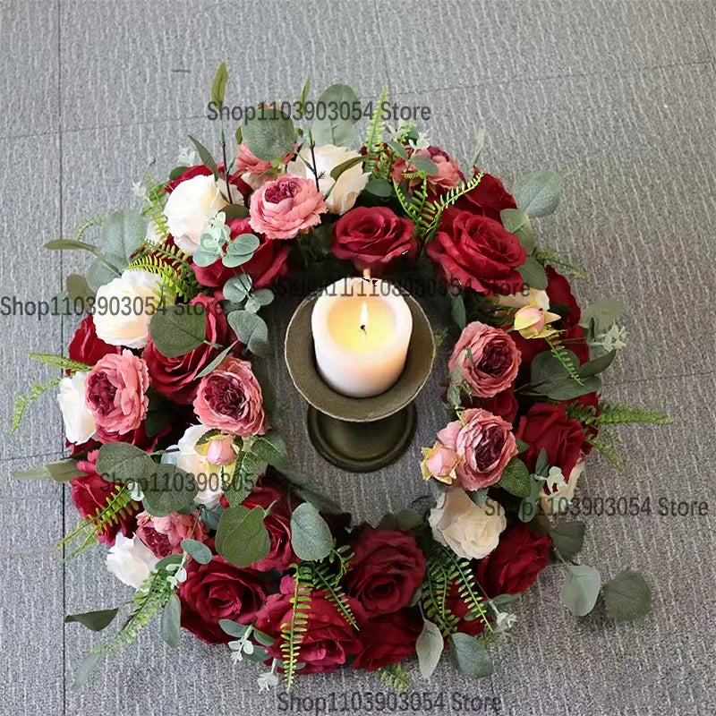 bouquet fleurs artificielles roses rouges blanches feuilles vertes base dorée décoration table mariage fête