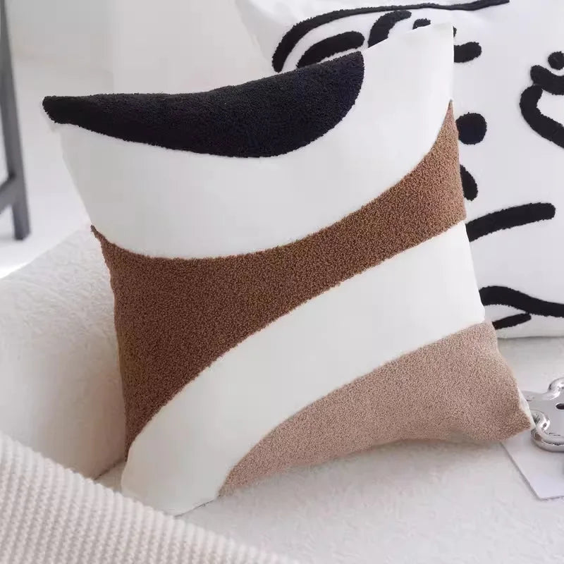 taies d'oreiller patchwork contemporain coussin carré blanc noir marron géométrique arrondi non toxique respectueux