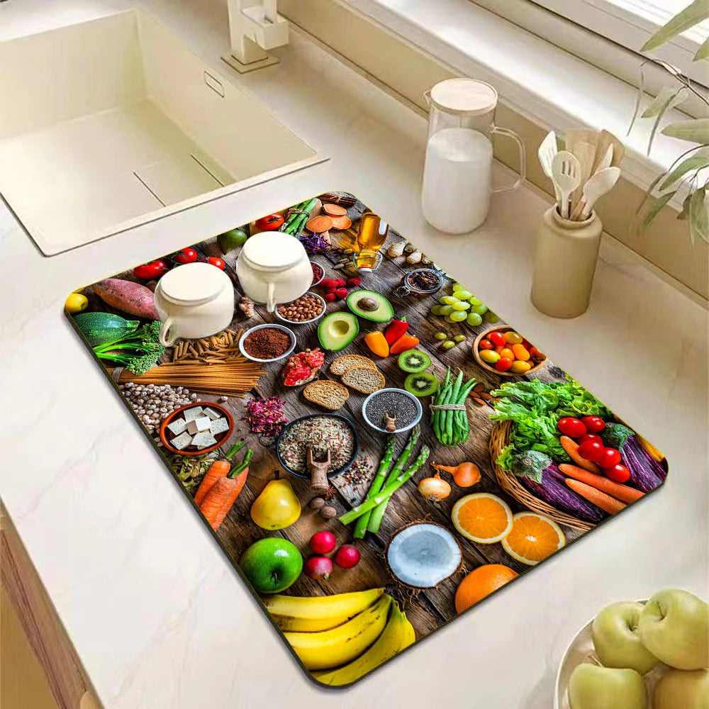 tapis cuisine moderne rectangle couleurs variées motifs floraux épices fruits légumes respectueux environnement