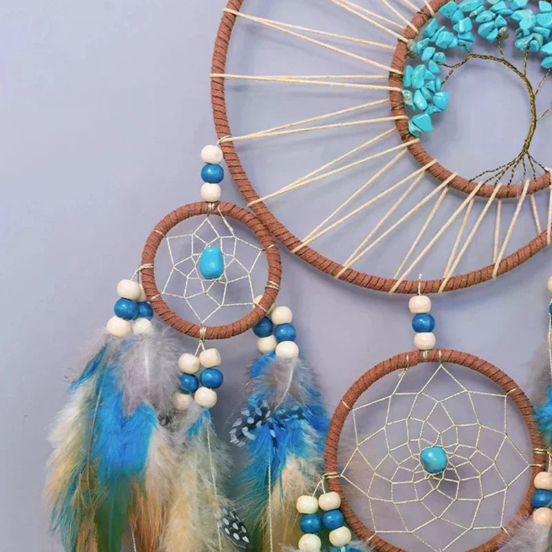 décoration intérieure attrape rêves boho plumes fil coton tressé marron bleu blanc gris