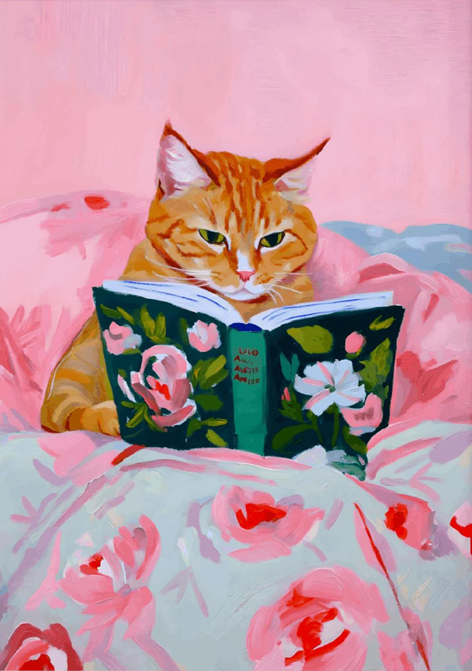 tableau peinture l'huile chat rose livre fleurs couverture couleurs classiques salon décoration