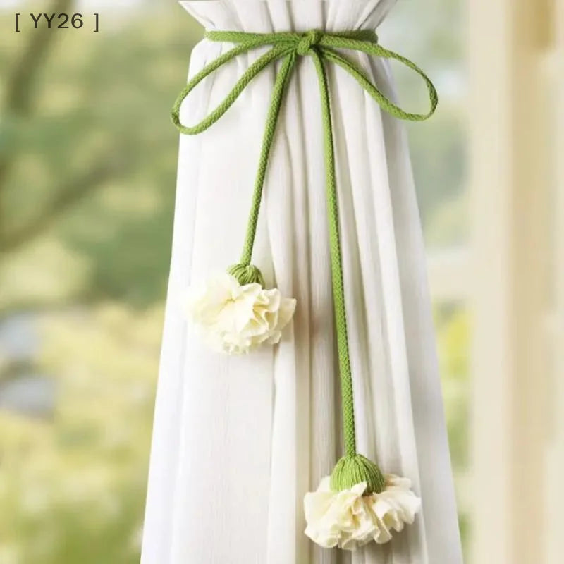 attaches rideaux fleurs tissu coton vert blanc violet orange floral champêtre