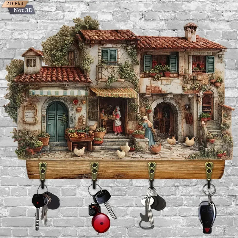 porte clés mural bois rural illustration maison poules décoratif clés bouteille ouverture vis fixations