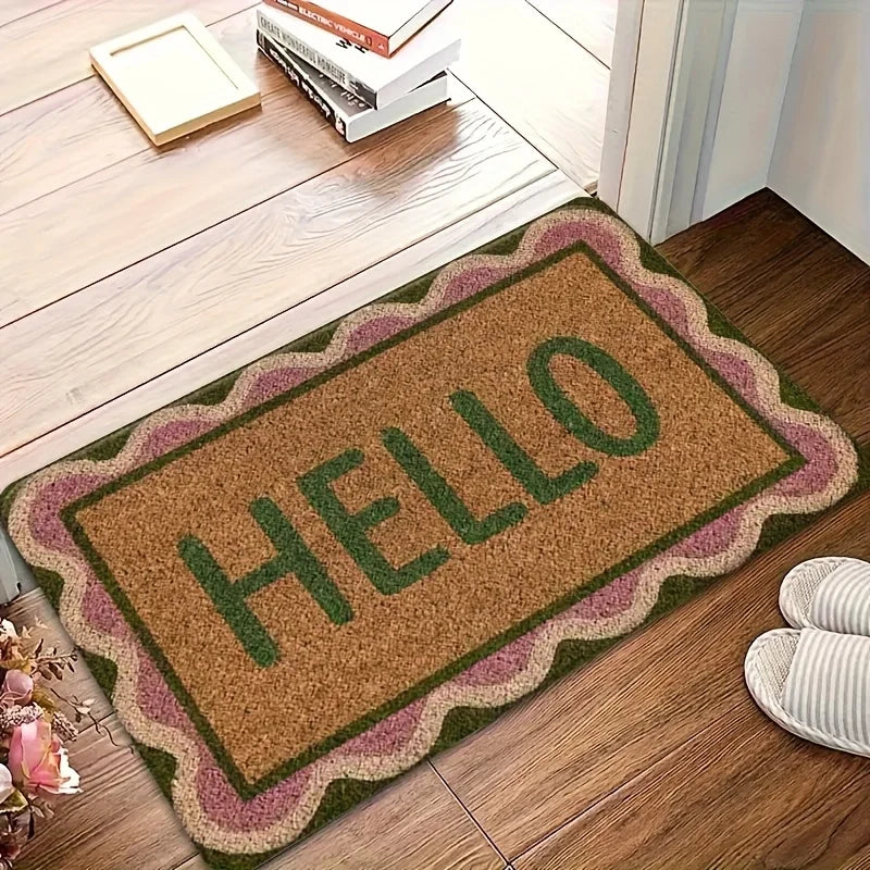 tapis d'entrée marron clair vert rose pâle lettre HELLO bordure classique imperméable antidérapant machine