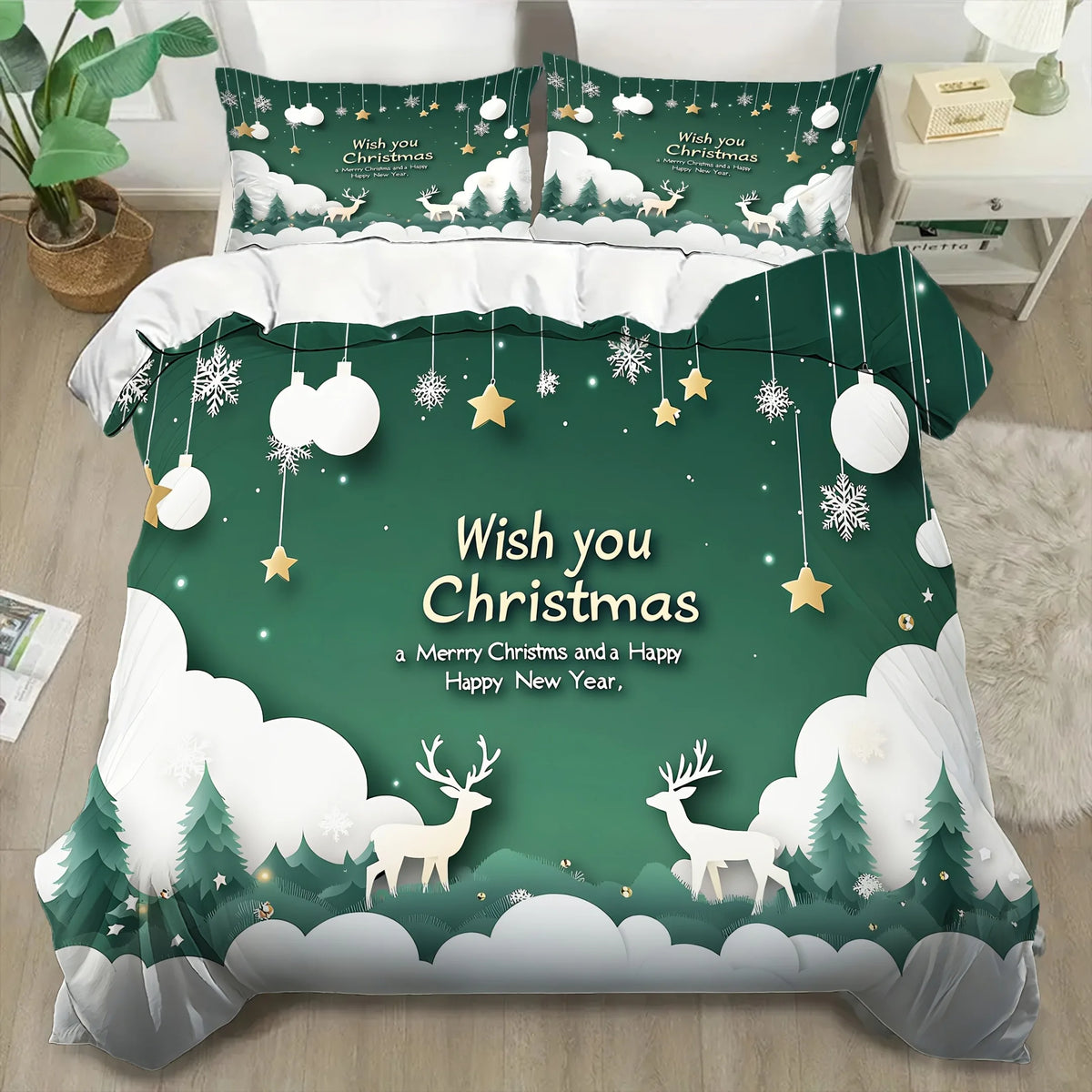 ensemble literie noël rennes flocons doré vert blanc impression 3d polyester brossé doux ornement