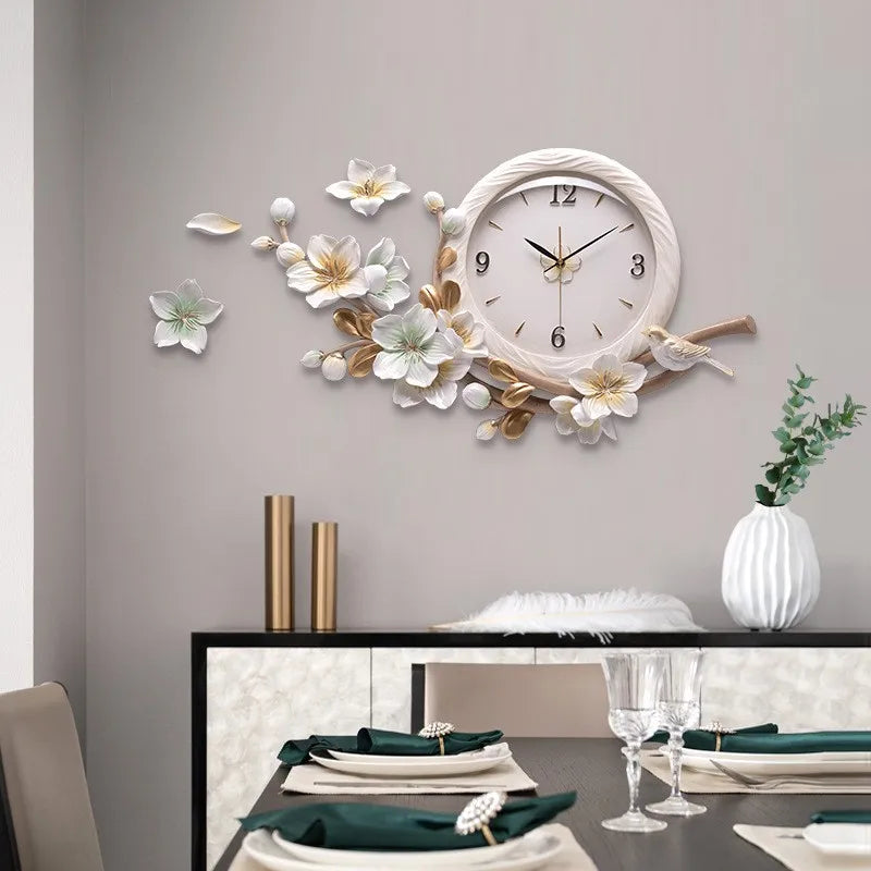 horloge murale moderne fleurs dorées blanches peinte main nordique opacité aluminium cuivre fixation
