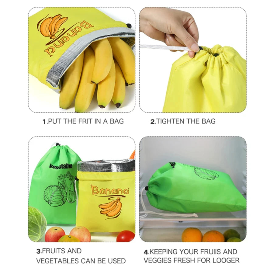 sac rangement fruits légumes polyester écologique imprimé bananes tomates choux moderne pratique cuisine