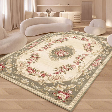 grand tapis salon fleurs rétro baroque beige bleu rose décoratif doux moderne chambre intérieur