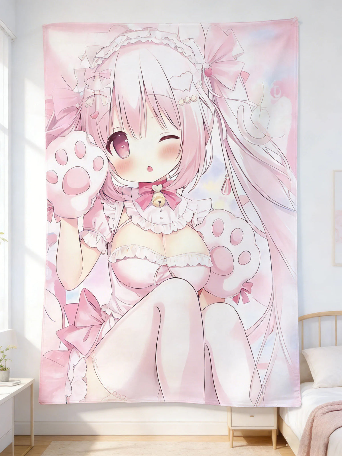 tapisserie anime fille rose polka dots motifs accessoires chambre ado decoration murale dessin animé