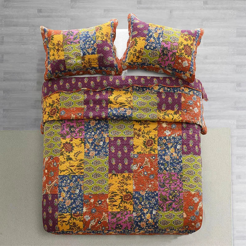 couvre lit patchwork floral boho chic violet orange bleu jaune marron king queen 223x269cm
