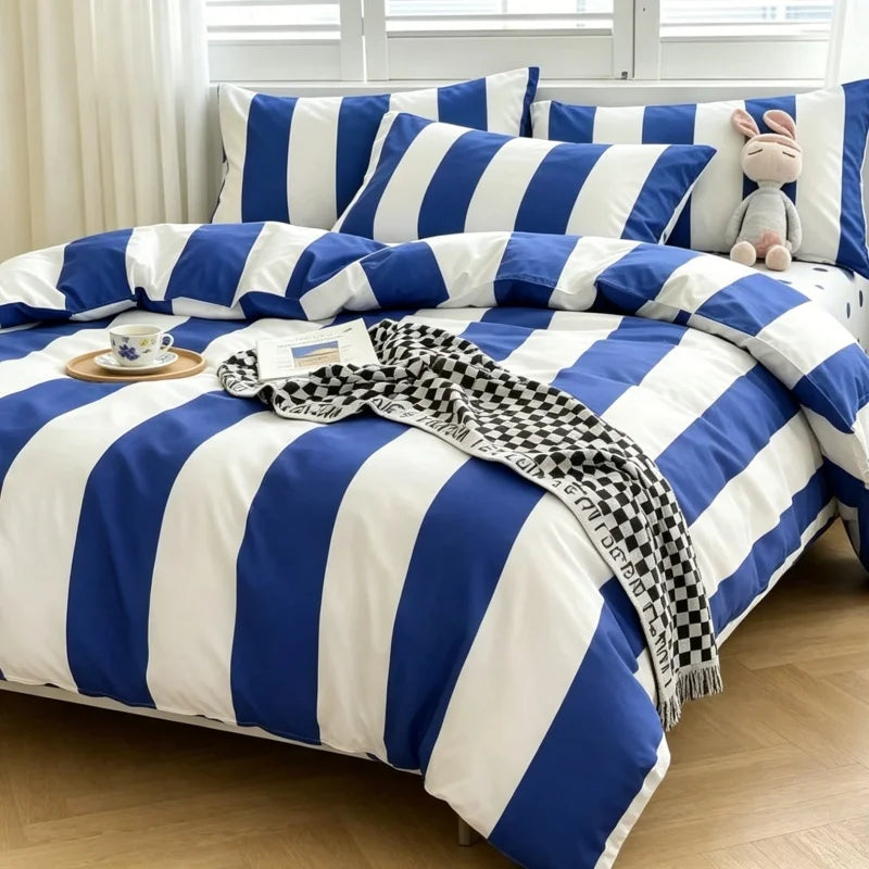 ensemble literie bleu marine rayures horizontales moderne couvre lit taies oreiller polyester