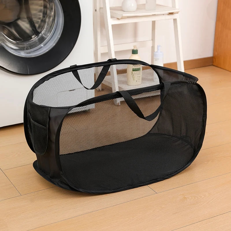 panier linge moderne pliable gris noir maille métal respectueux environnement poignées capacité grande