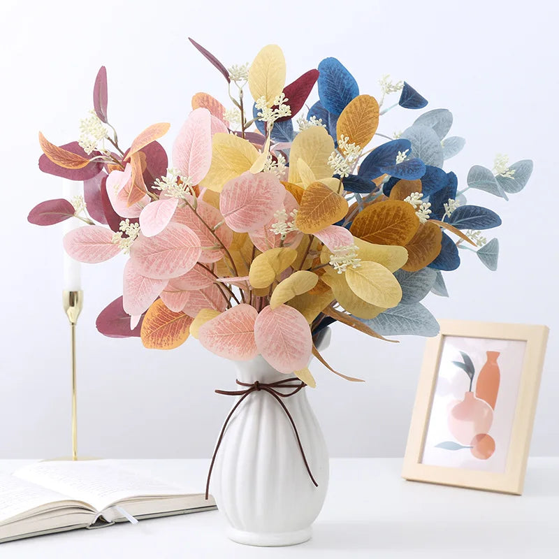 bouquet artificiel feuilles eucalyptus bleu vert rose moderne décoration intérieure mariage anniversaire minimaliste