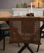 chemin table marron clair maille fine franges rustique 100% lin solide opacité maison decoration