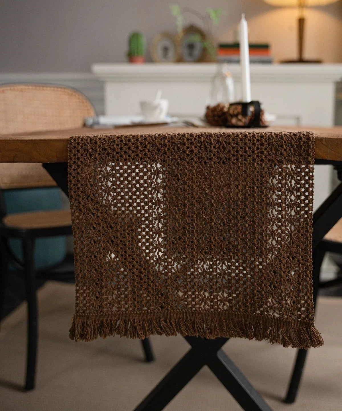 chemin table marron clair maille fine franges rustique 100% lin solide opacité maison decoration