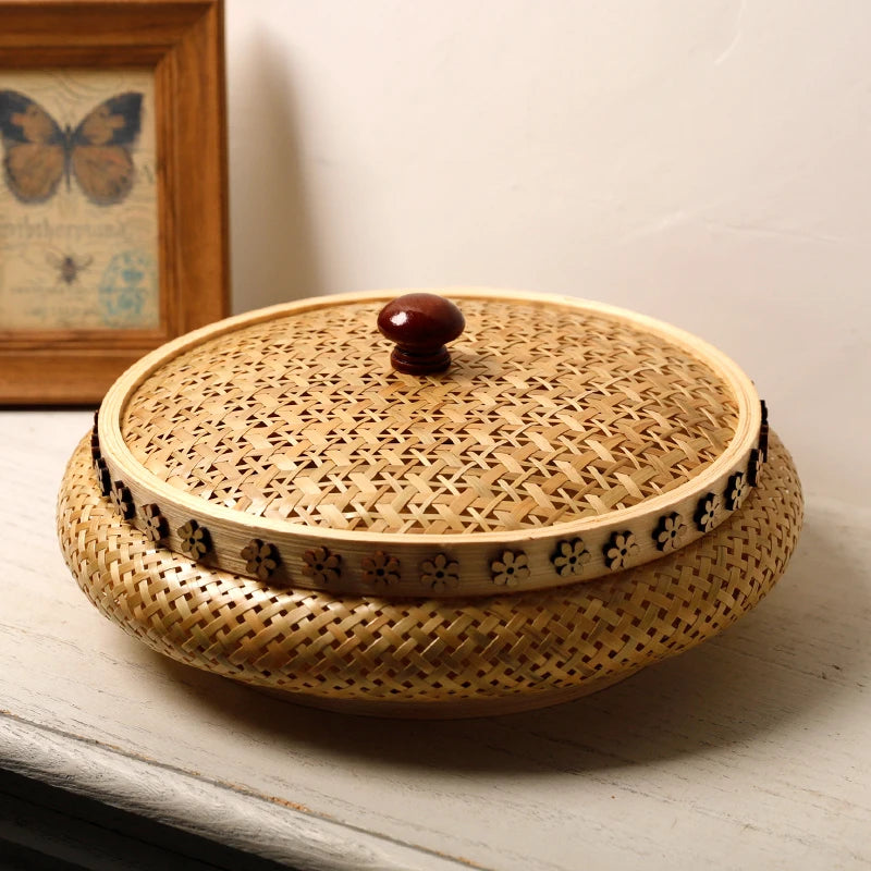 panier bambou tressé couvercle naturel fruits secs rangement maison traditionnel artisanal