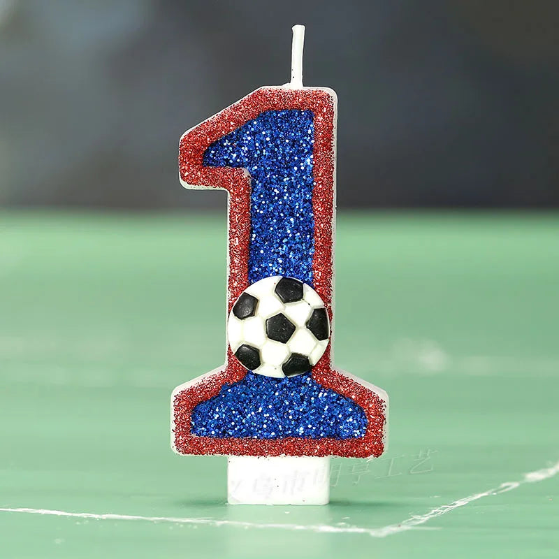 bougies numériques forme chiffres pailletées football bleu rouge blanche décoratives anniversaire sport thème tringle