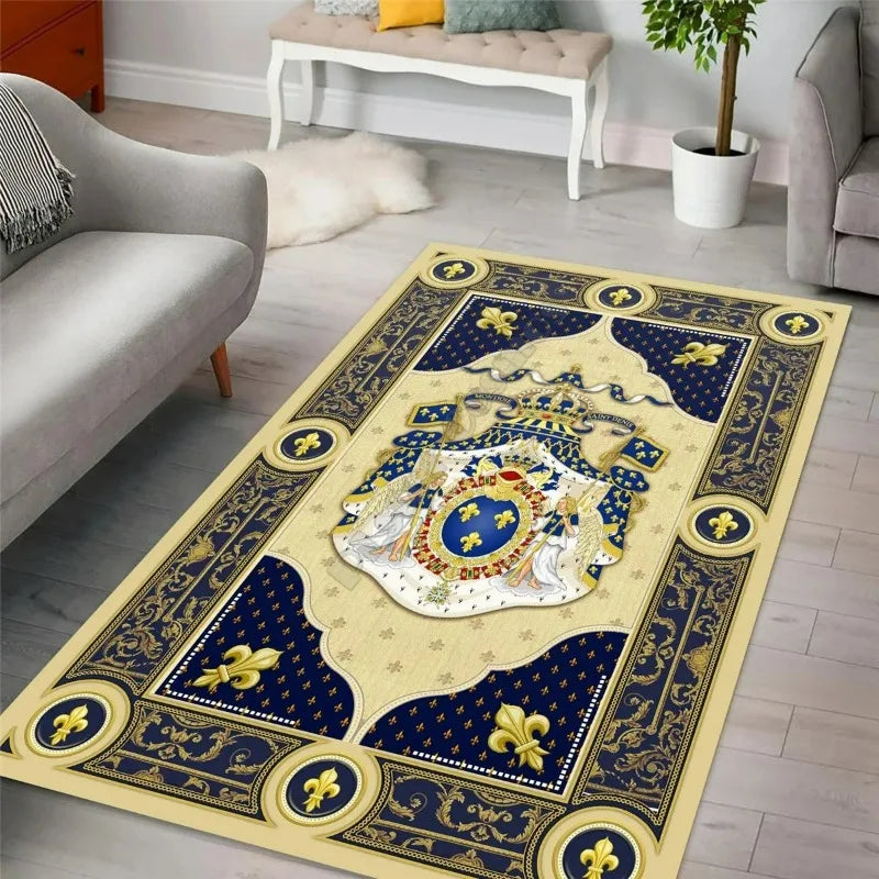 tapis armoiries bleu doré classique salon chambre extérieur 120x160cm polyester lavable
