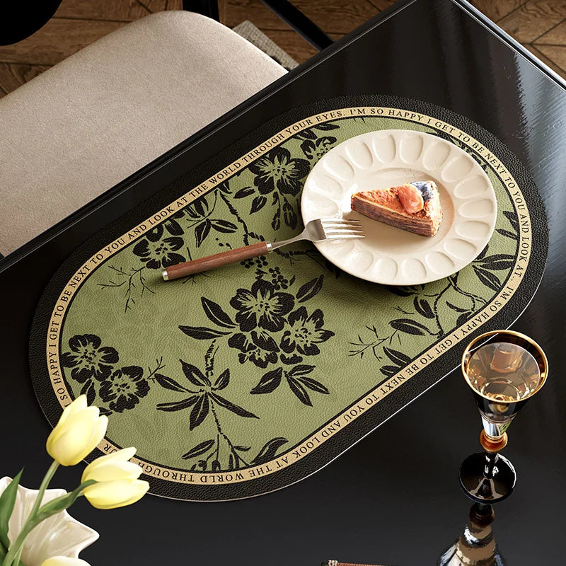 tapis table violet vert beige fleurs feuilles bordure rayée classique floral resistant pvc 30x50cm