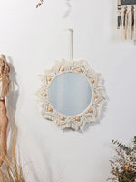 miroir boho blanc macramé franges artisanal crochet peigne protection chambre salon