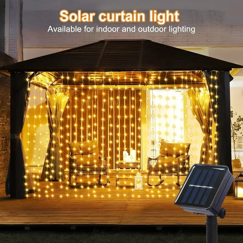 guirlandes lumineuses solaires rideau led jaune blanc multicolore cascade extérieur intérieur festive