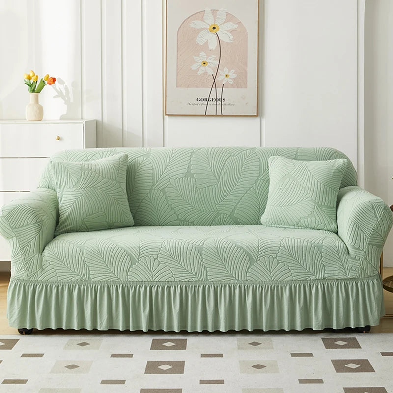 housse canapé jupe motif feuilles jacquard beige vert pastel oreillers assortis