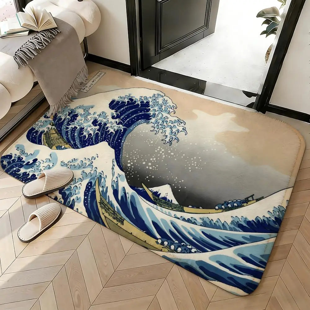 tapis sol doux motif vague grande vague kanagawa décoration maison coton bleu blanc gris