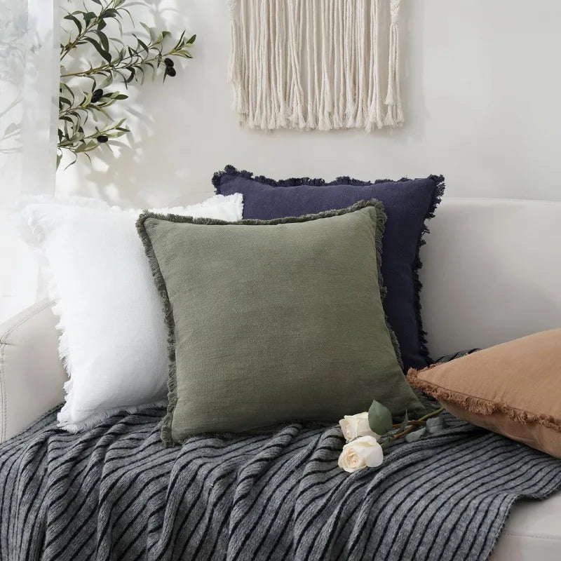 coussin coton vert olive rustique texture lin décoration intérieure lit salon canapé moderne