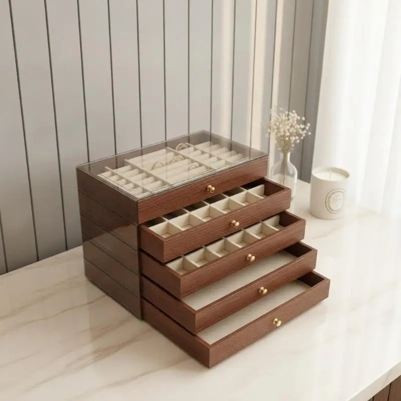 boîtes bijoux marron foncé texture bois moderne poignées dorées compartiments multiples rangement bijoux