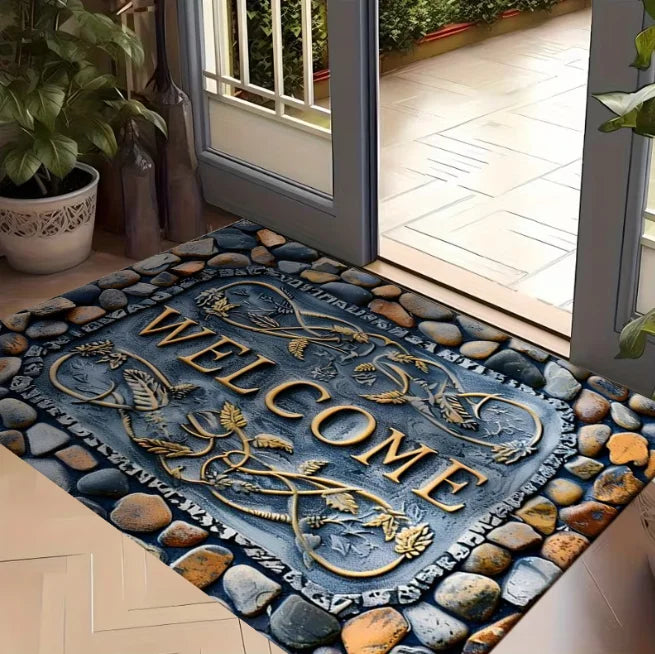 tapis d'entrée multicolore mosaïque pierres bienvenue résistant décoloration antidérapant moderne extérieur salon