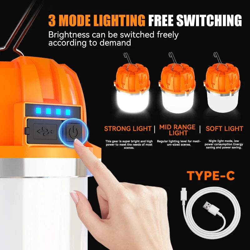 lampe camping rechargeable usb orange blanc moderne interrupteur crochet métallique led