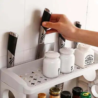 étagère cuisine blanc moderne adhésif perforations rondes couteaux condiments rangement multifonctionnel